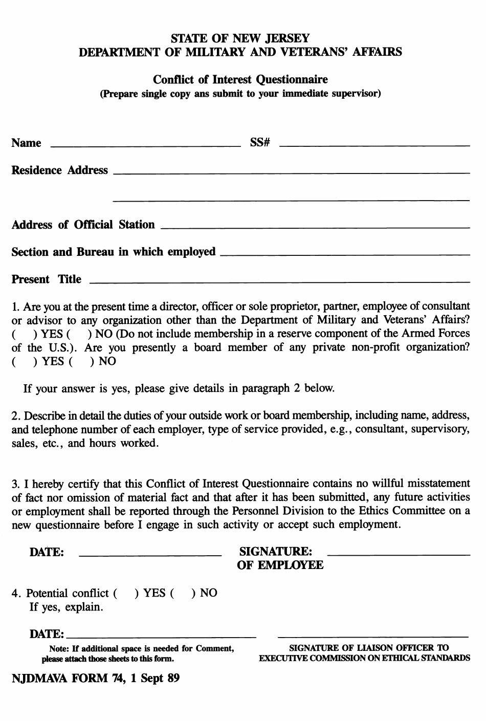 NJDMAVA Form 74 Download Fillable PDF or Fill Online Conflict of