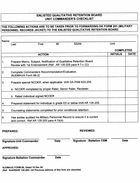 NJDMAVA Form 88 Enlisted Qualitative Retention Board Unit Commander's Checklist - New Jersey