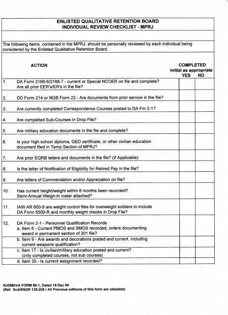 NJDMAVA Form 88-1 Individual Review Checklist - Mrpj - New Jersey