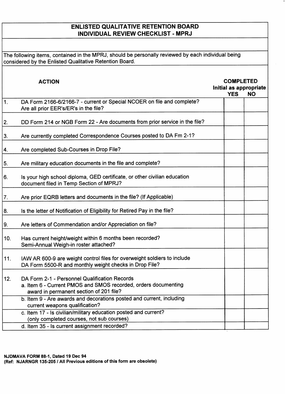 NJDMAVA Form 88-1 Individual Review Checklist - Mrpj - New Jersey, Page 1