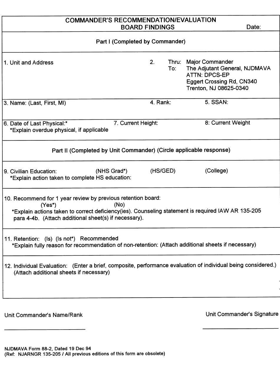 NJDMAVA Form 88-2 Commanders Evaluation Board Findings - New Jersey, Page 1