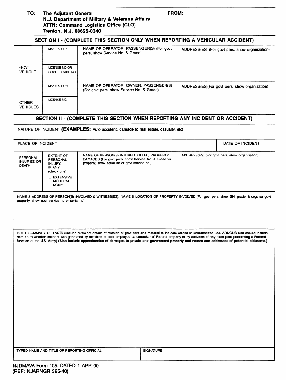 NJDMAVA Form 105 Accident Report - New Jersey, Page 1