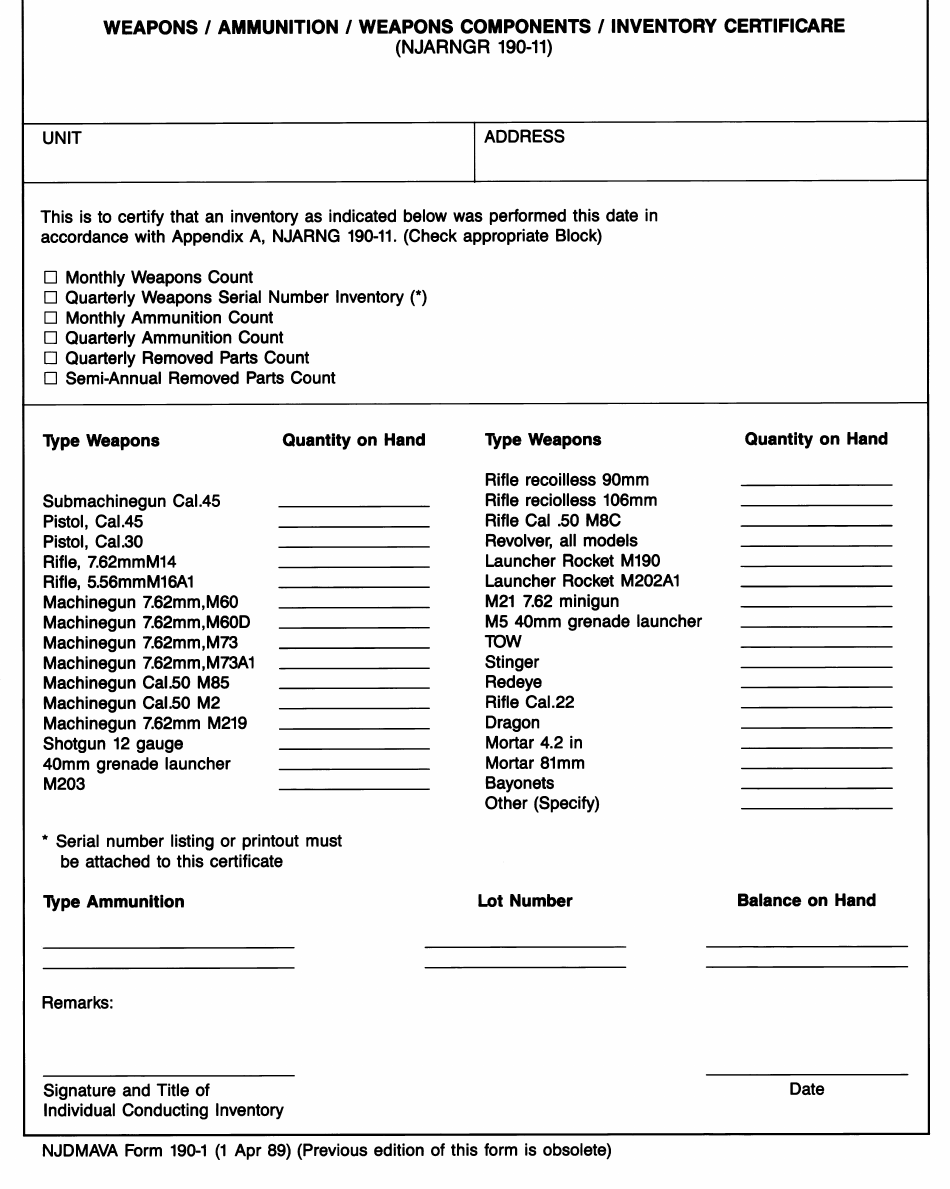 NJDMAVA Form 190-1 Weapons / Ammunition Inventory Certificate - New Jersey, Page 1
