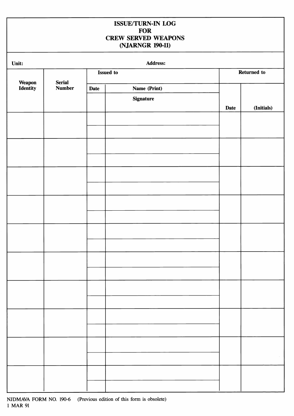 NJDMAVA Form 190-6 Issue / Turn-In Log for Crew Served Weapons - New Jersey, Page 1