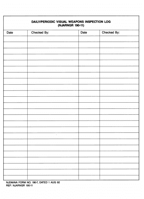NJDMAVA Form 190-7 Daily/Periodic Visual Weapons Inspection Log - New Jersey