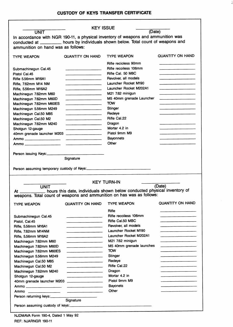 NJDMAVA Form 190-4 Custody of Keys Transfer Certificate - New Jersey, Page 1
