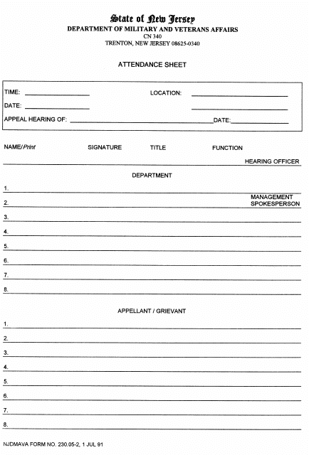 NJDMAVA Form 230.05-2 Attendance Sheet - New Jersey
