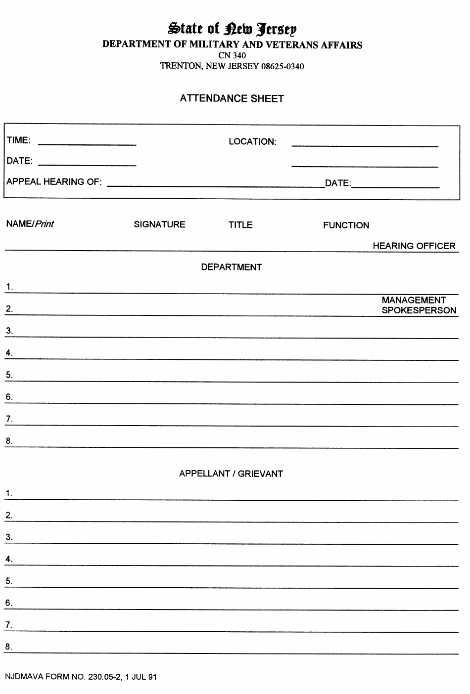 NJDMAVA Form 230.05-2 Attendance Sheet - New Jersey, Page 1