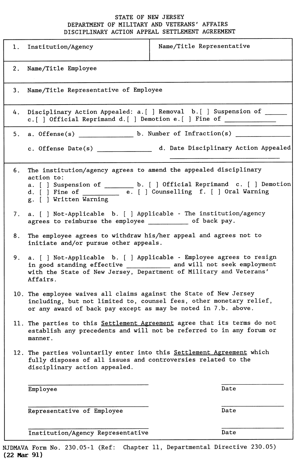 NJDMAVA Form 230.05-1 Disciplinary Action Appeal Settlement Agreement - New Jersey, Page 1