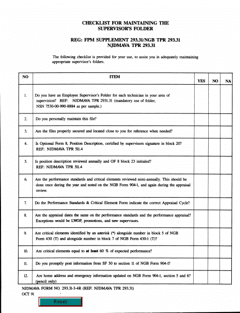 NJDMAVA Form 293.31-3-4R Checklist for Maintaining the Supervisor's Folder - New Jersey