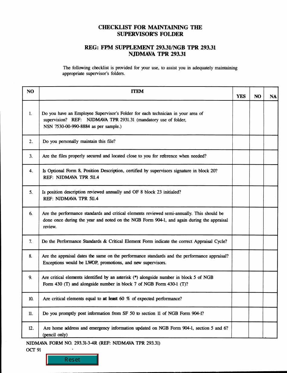 NJDMAVA Form 293.31-3-4R Checklist for Maintaining the Supervisors Folder - New Jersey, Page 1