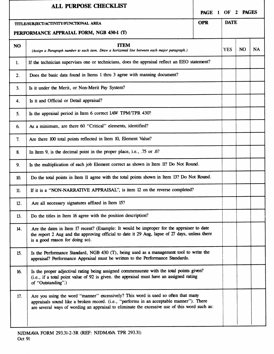 NJDMAVA Form 293.31-2-3R Performance Appraisal Form - New Jersey, Page 1