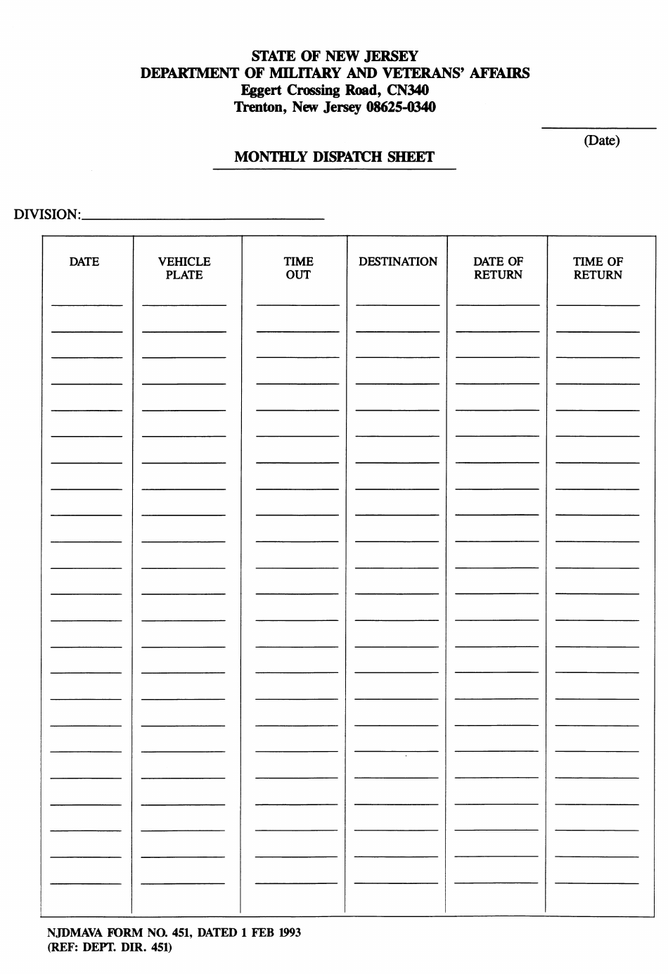 NJDMAVA Form 451 Monthly Dispatch Sheet - New Jersey, Page 1