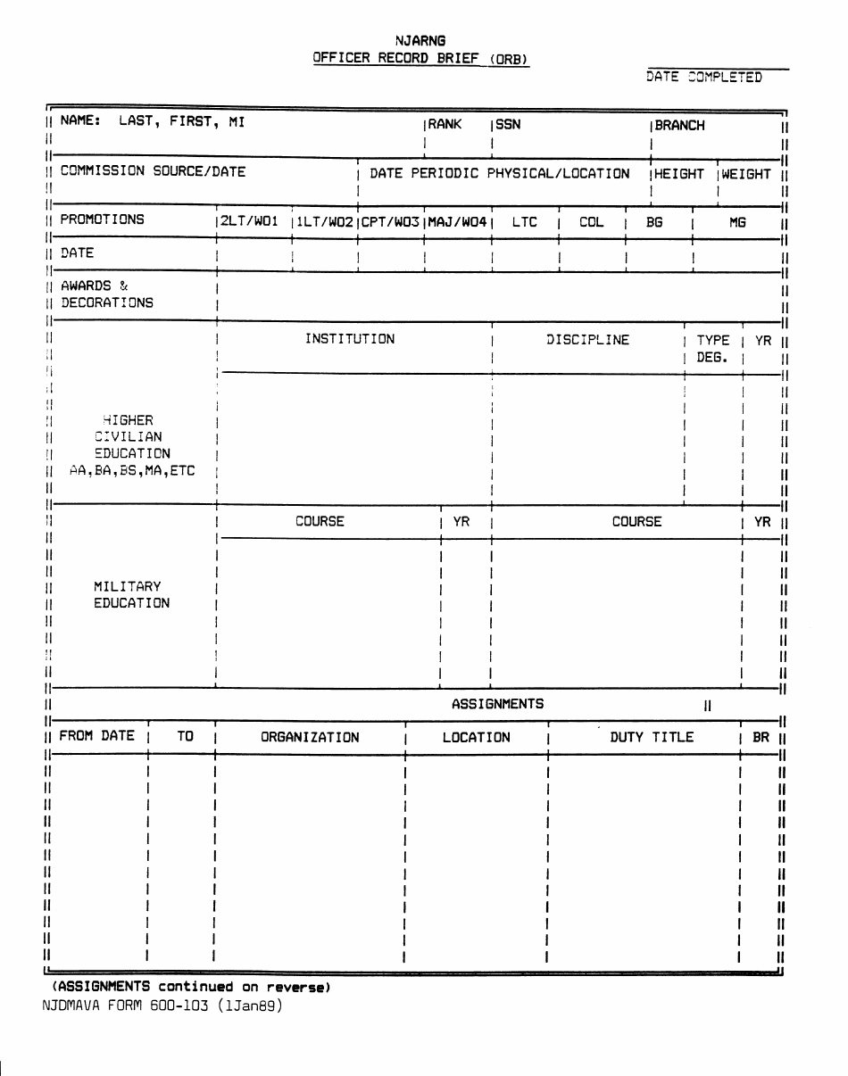 NJDMAVA Form 600-103 Officer Record Brief - New Jersey, Page 1