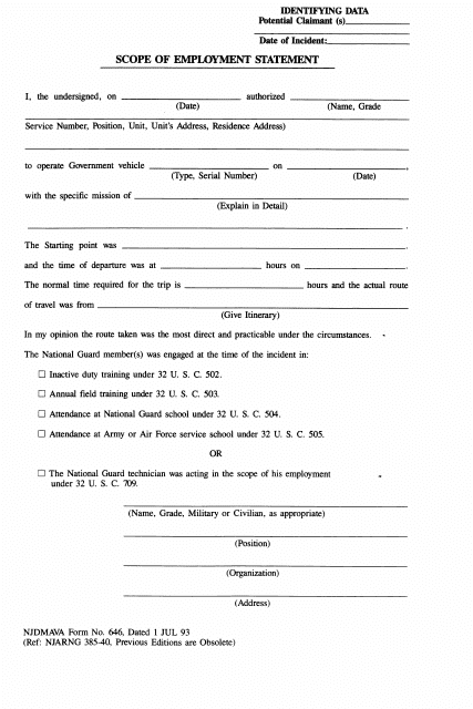 NJDMAVA Form 646 Scope of Employment Statement - New Jersey