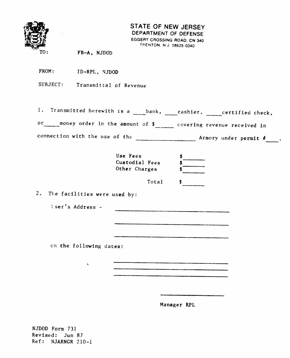 NJDMAVA Form 731 Transmittal of Revenue - New Jersey, Page 1