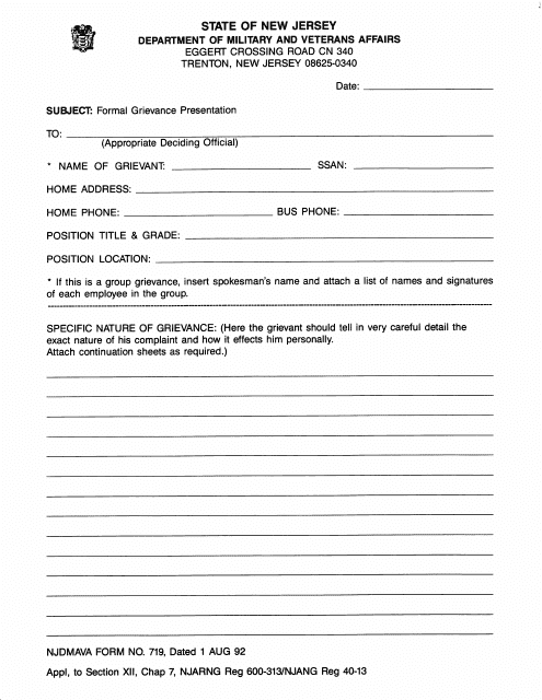 NJDMAVA Form 719 Formal Grievance Presentation - New Jersey