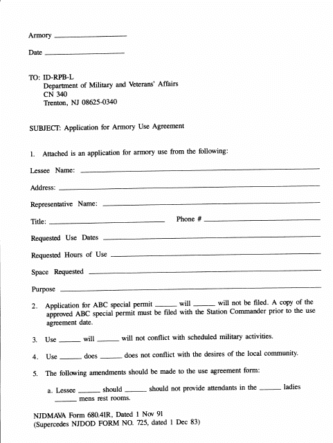 NJDMAVA Form 680.41R Application of Armory Use Agreement - New Jersey