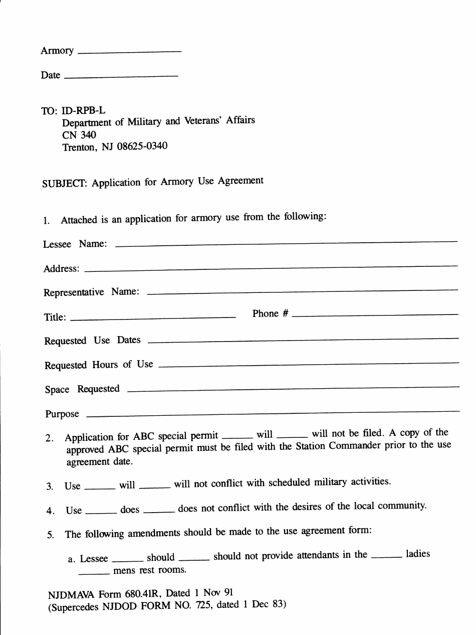 NJDMAVA Form 680.41R Application of Armory Use Agreement - New Jersey, Page 1