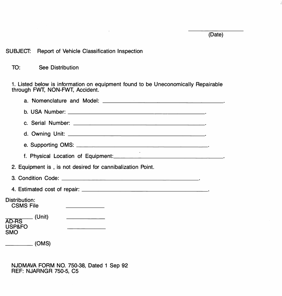 NJDMAVA Form 750-38 Vehicle Classification Inspection Report - New Jersey, Page 1