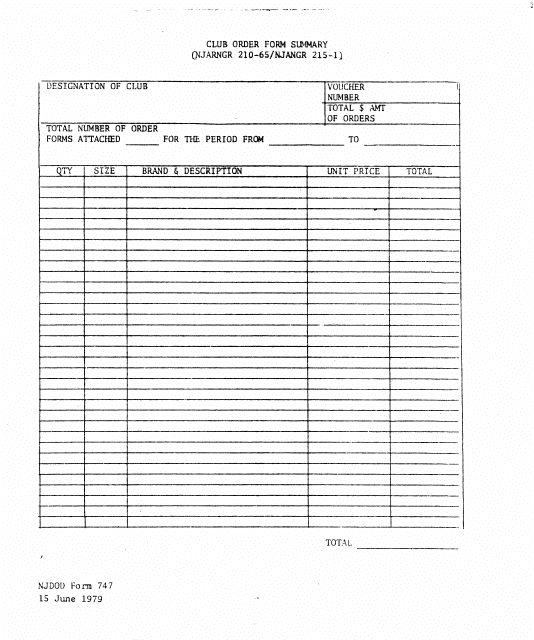 NJDMAVA Form 747 Club Order Form Summary - New Jersey