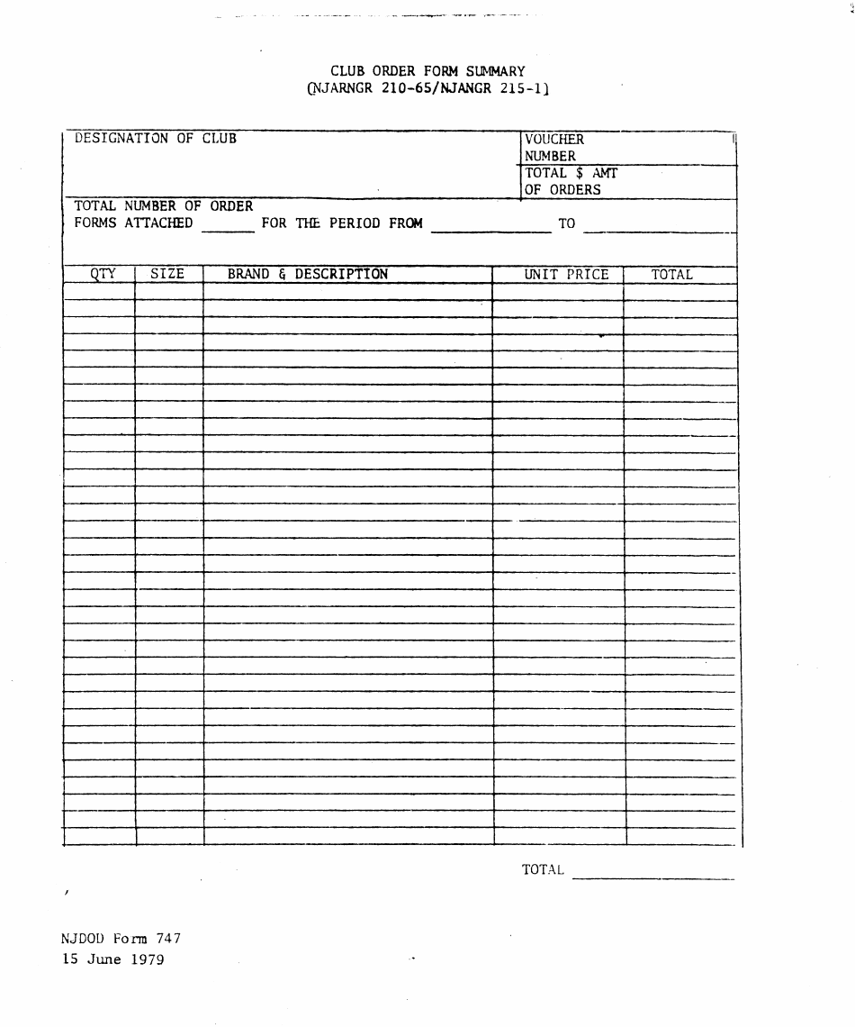 NJDMAVA Form 747 Club Order Form Summary - New Jersey, Page 1