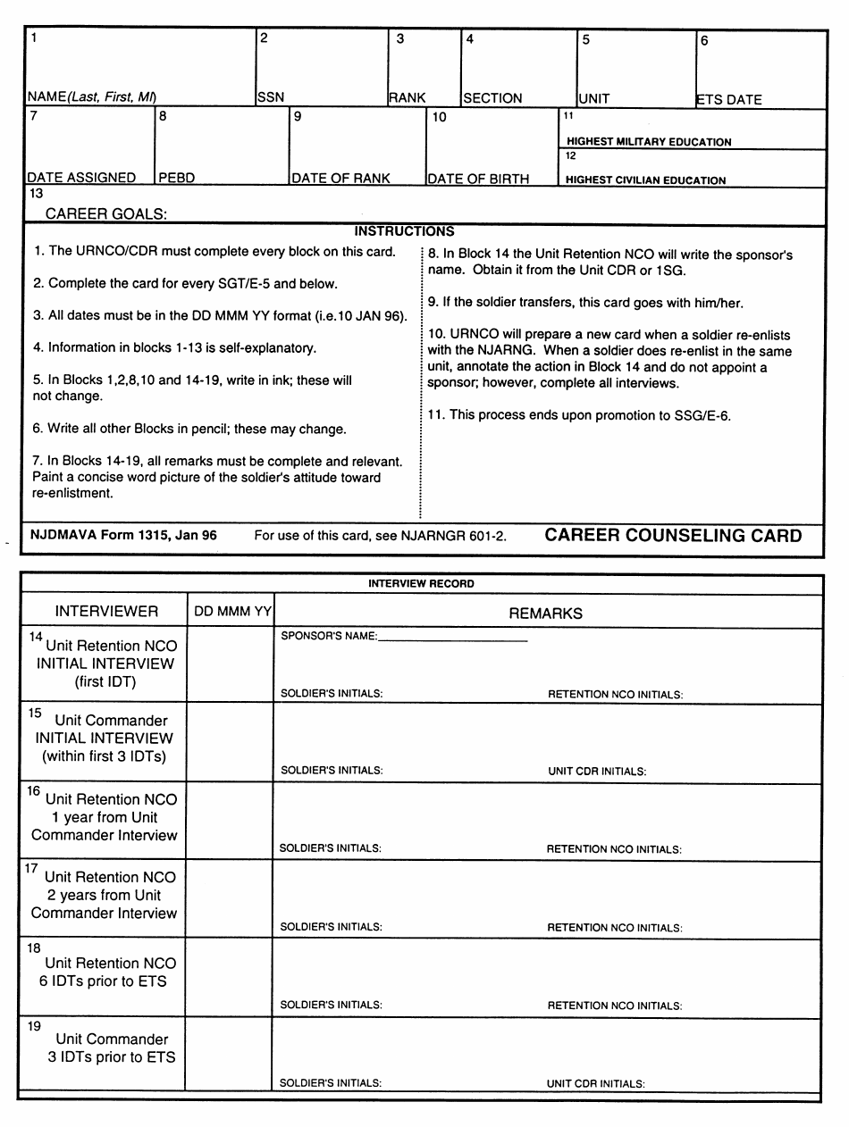 NJDMAVA Form 1315 Career Counseling Card - New Jersey, Page 1