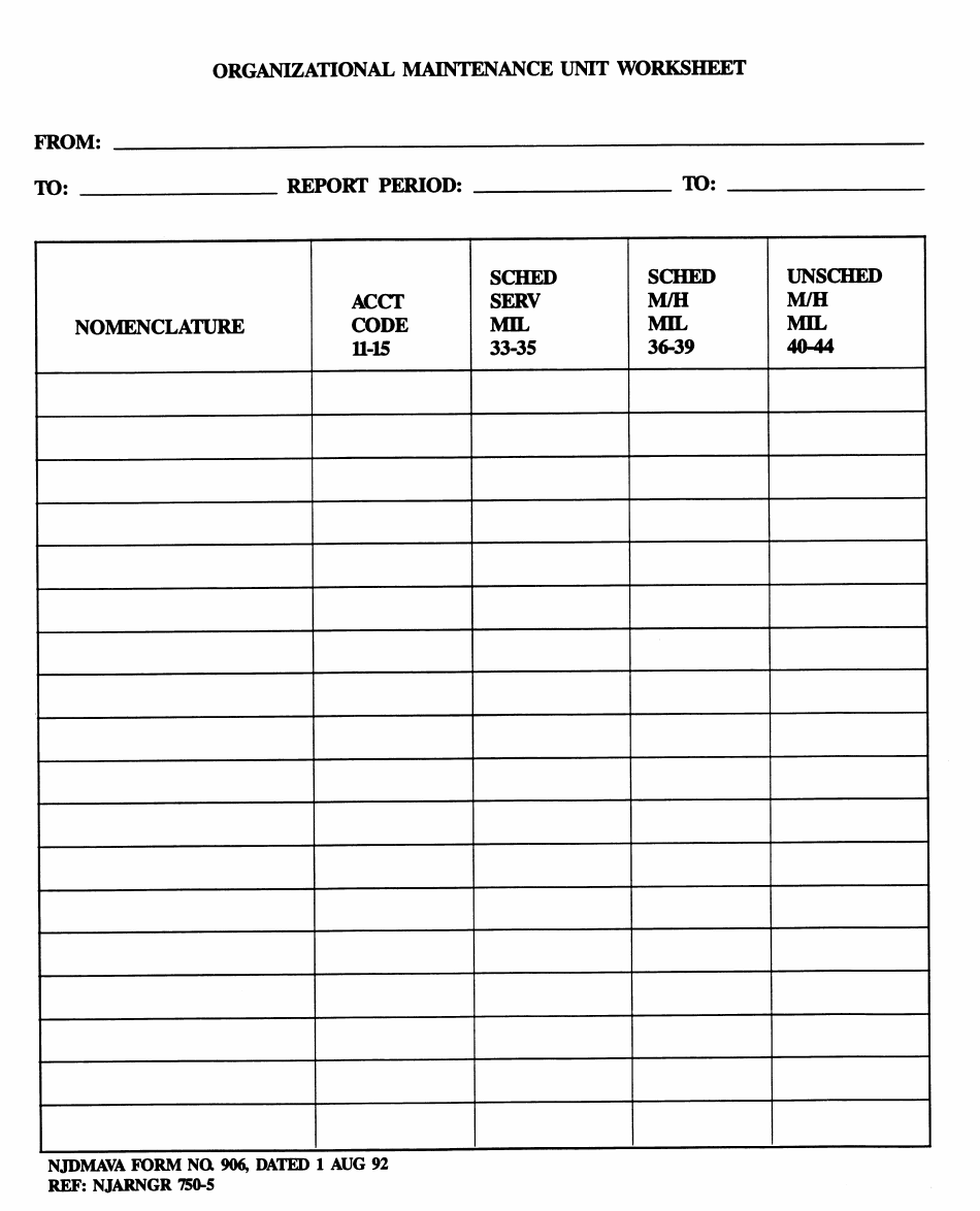 NJDMAVA Form 906 Organizational Maintenance Unit Sheet - New Jersey, Page 1