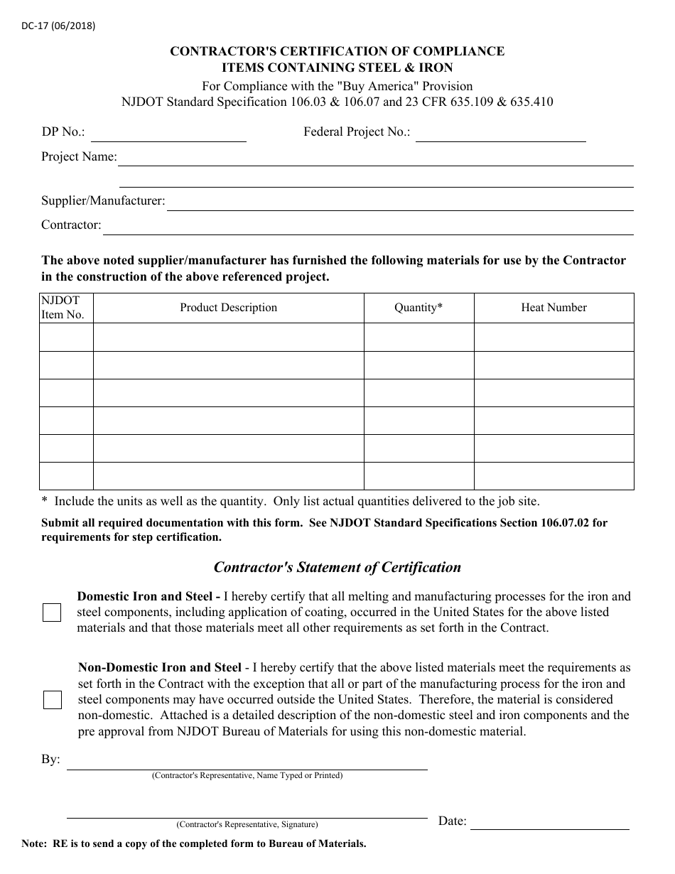 Form DC17 Contractors Certification of Compliance Items Containing Steel  Iron - New Jersey, Page 1