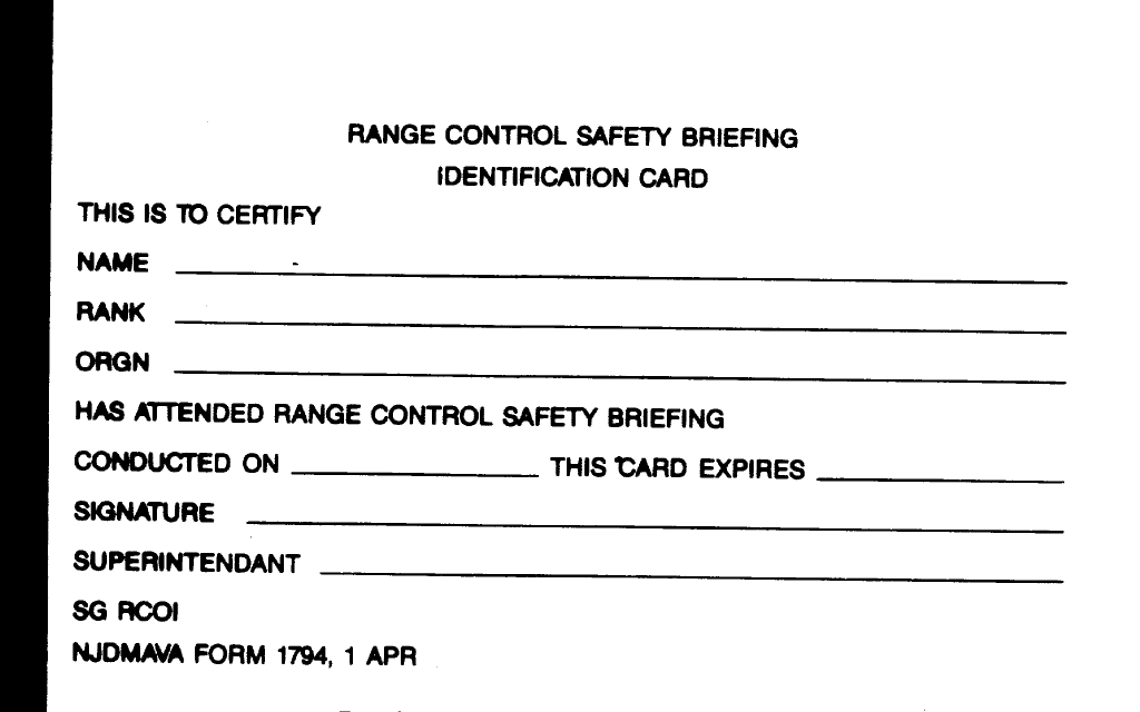 NJDMAVA Form 1794 Range Control Safety Briefing Id Card - New Jersey