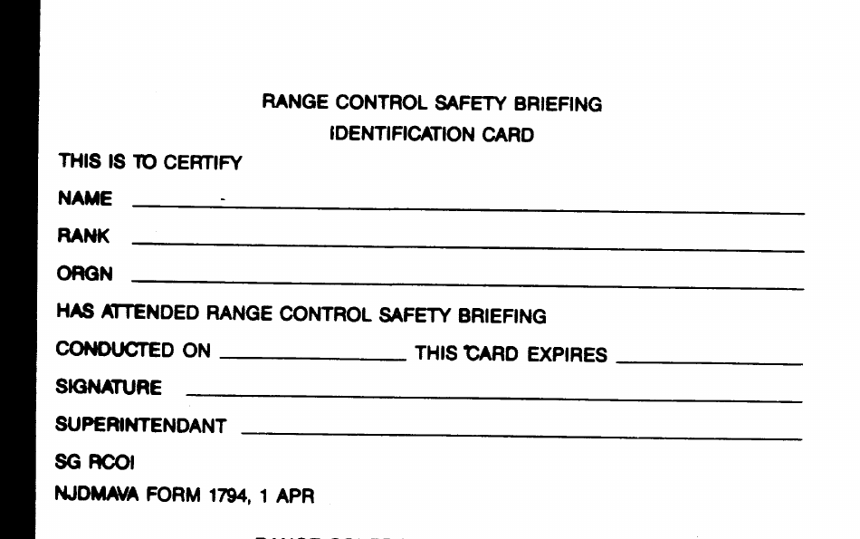 NJDMAVA Form 1794 Range Control Safety Briefing Id Card - New Jersey, Page 1