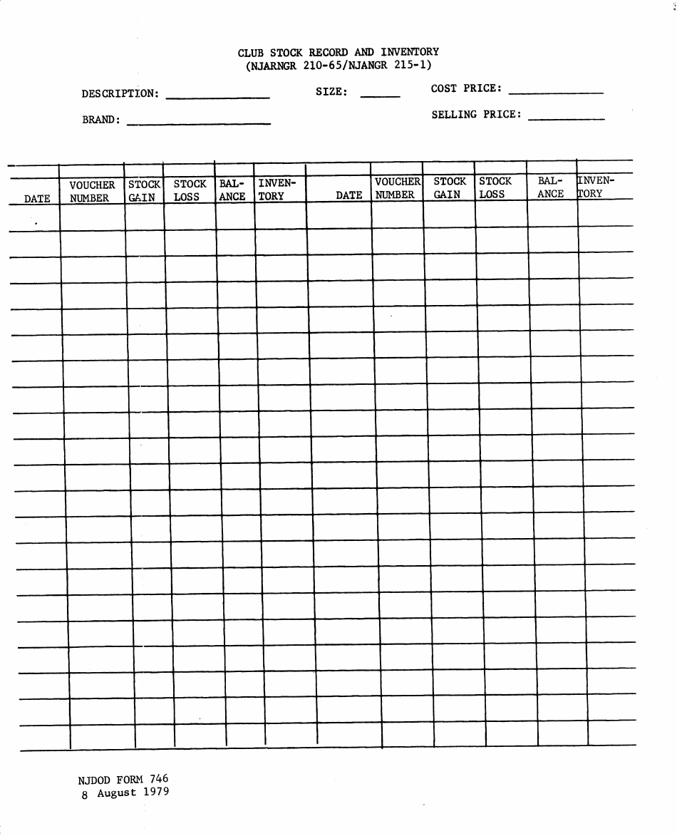 NJDMAVA Form 746 Club Stock Record / Inventory - New Jersey, Page 1