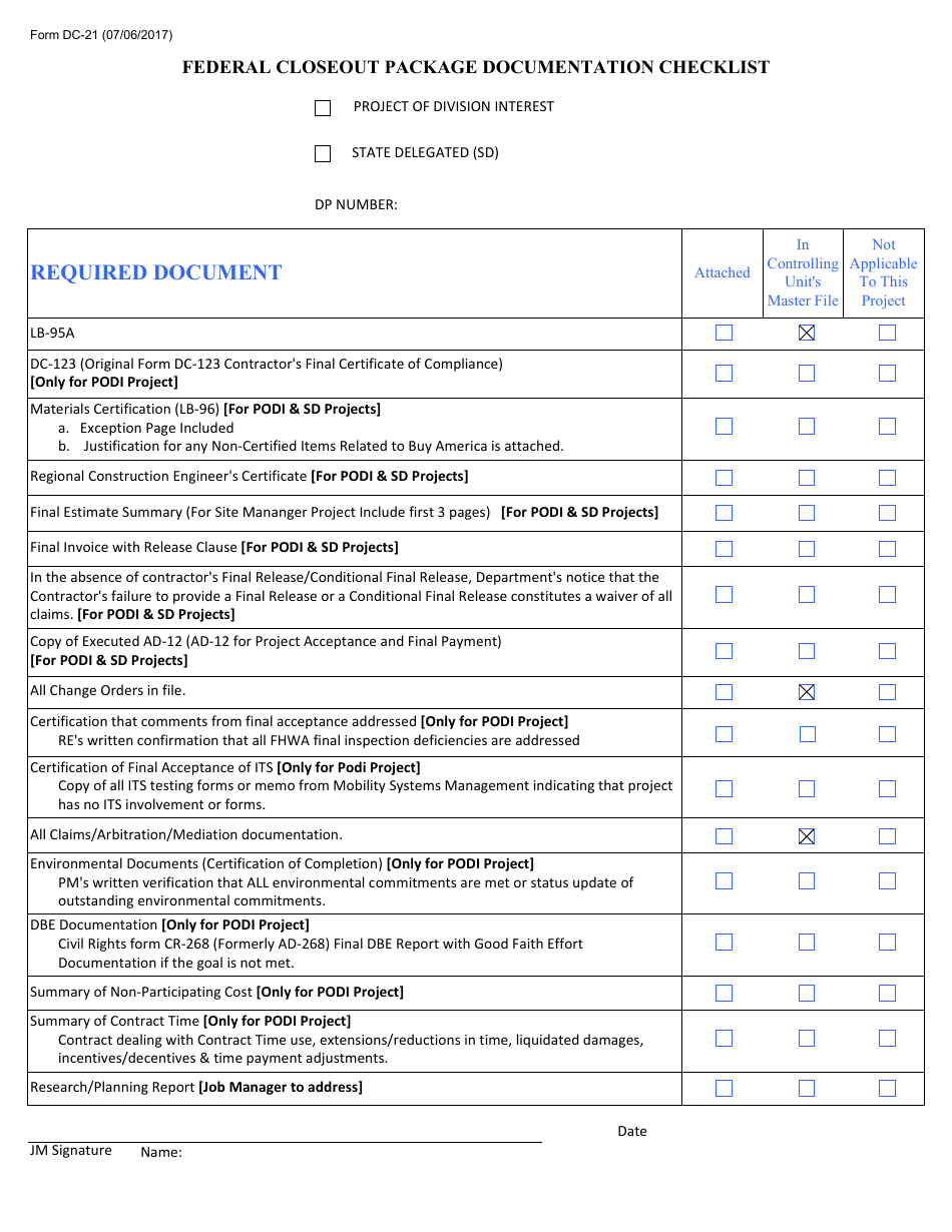 Form DC21 Federal Closeout Package Documentation Checklist - New Jersey, Page 1