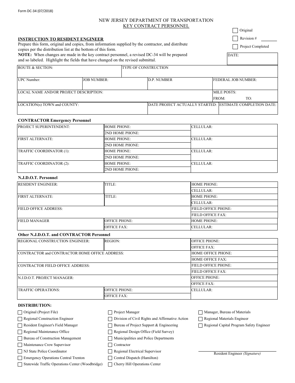 Form DC-34 Key Contract Personnel - New Jersey, Page 1