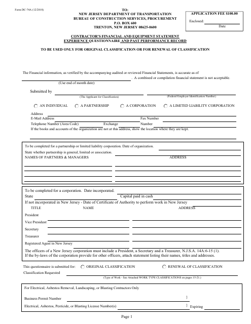 Form DC74A Contractor's Financial and Equipment Statement Experience Questionnaire and Past Performance Record - New Jersey