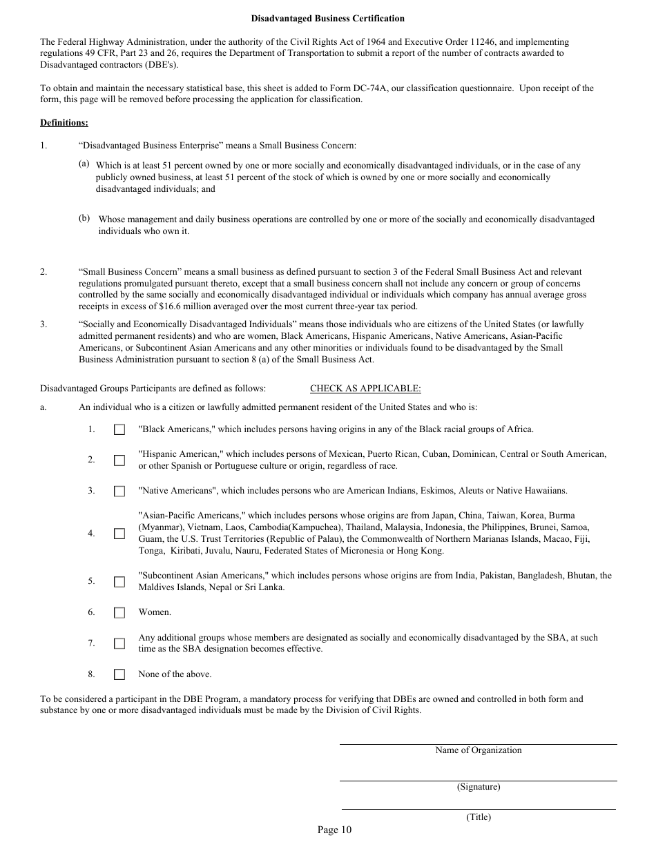 Form DC74A Contractors Financial and Equipment Statement Experience Questionnaire and Past Performance Record - New Jersey, Page 10