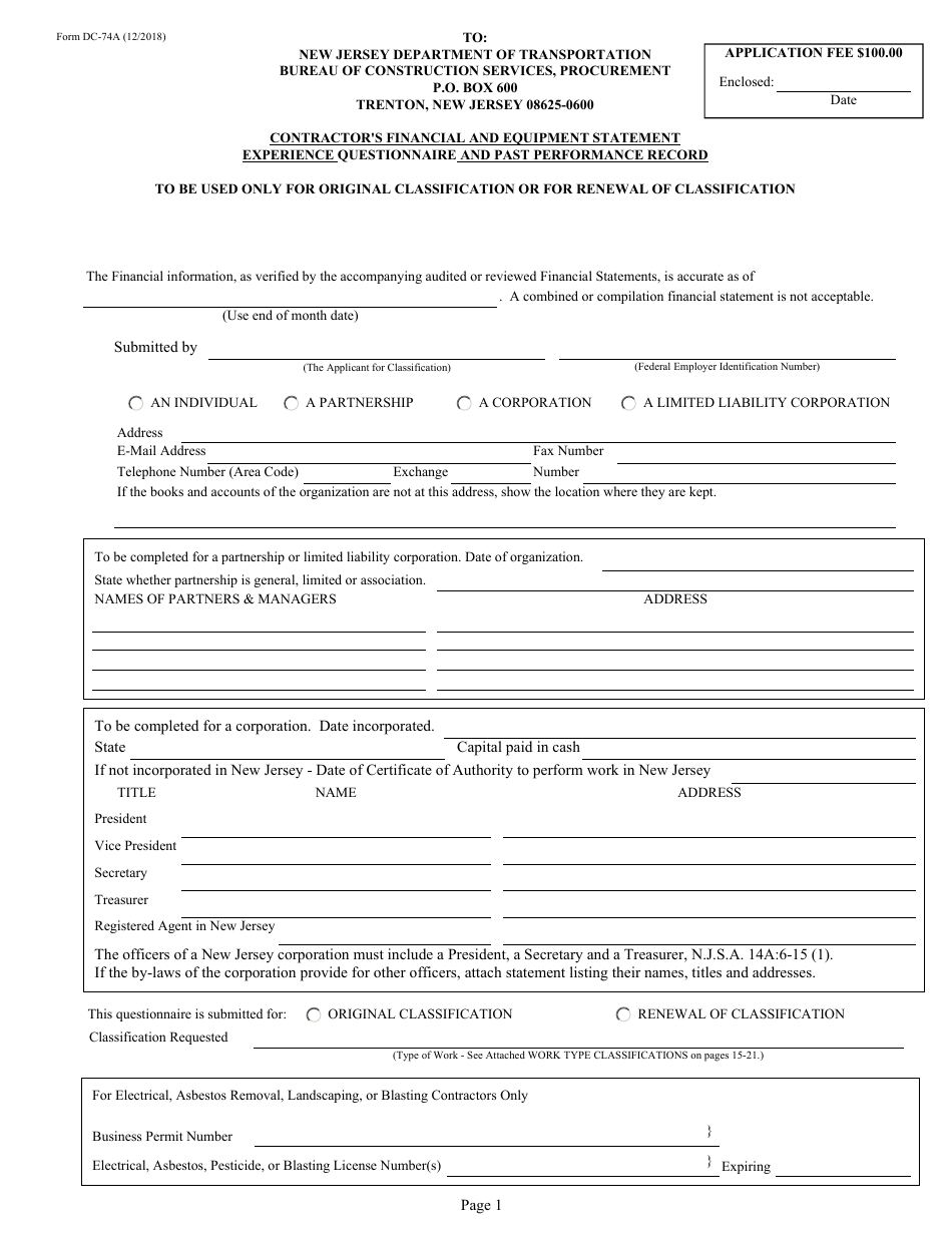 Form DC74A Contractors Financial and Equipment Statement Experience Questionnaire and Past Performance Record - New Jersey, Page 1