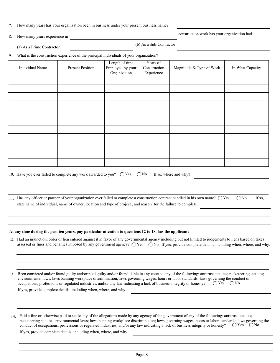 Form DC74A Contractors Financial and Equipment Statement Experience Questionnaire and Past Performance Record - New Jersey, Page 8