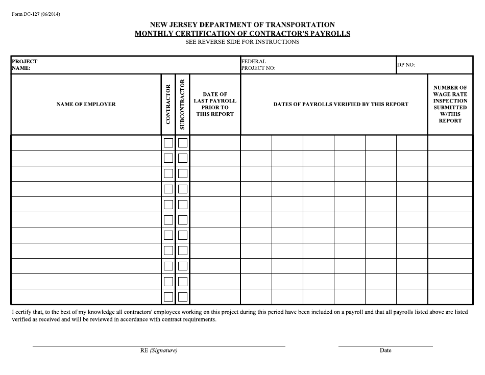 Form DC127 Monthly Certification of Contractors Payrolls - New Jersey, Page 1
