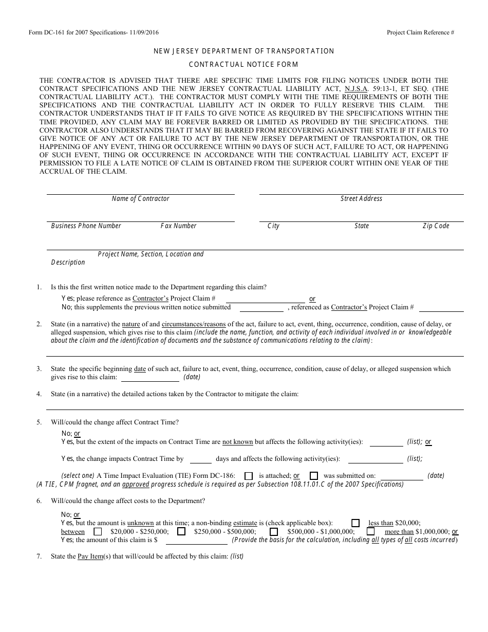 Form DC-161 Contractual Notice Form - New Jersey, Page 1