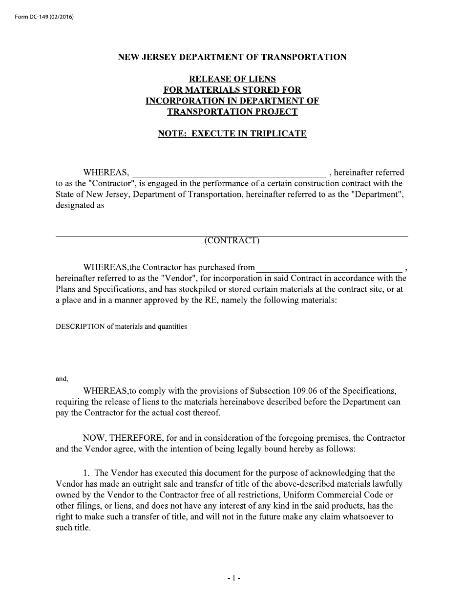 Form DC149 Release of Liens for Materials Stored for Incorporation in Department of Transportation Projects - New Jersey, Page 1
