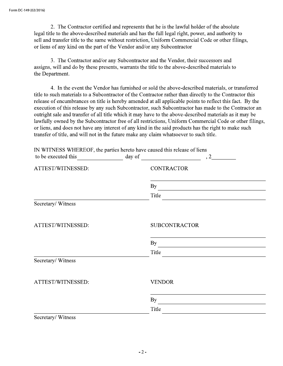 Form DC149 Release of Liens for Materials Stored for Incorporation in Department of Transportation Projects - New Jersey, Page 2