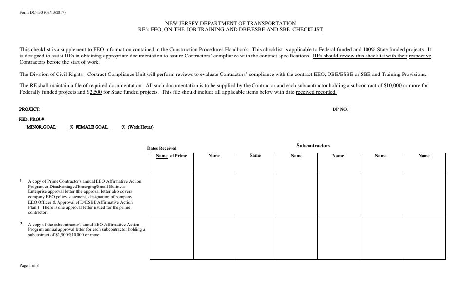 Form DC-130 Res EEO, on-The-Job Training and Dbe / Esbe and Sbe Checklist - New Jersey, Page 1
