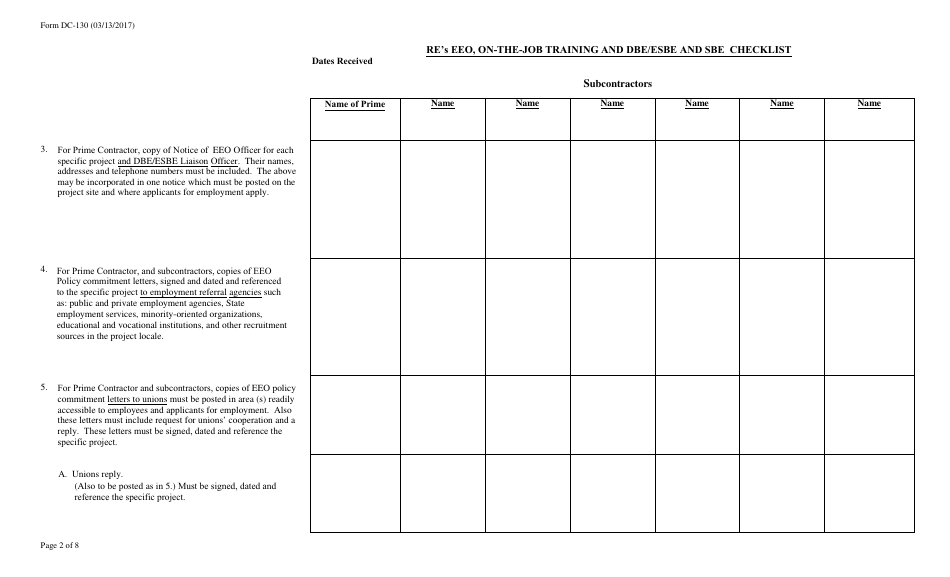 Form DC-130 Res EEO, on-The-Job Training and Dbe / Esbe and Sbe Checklist - New Jersey, Page 2