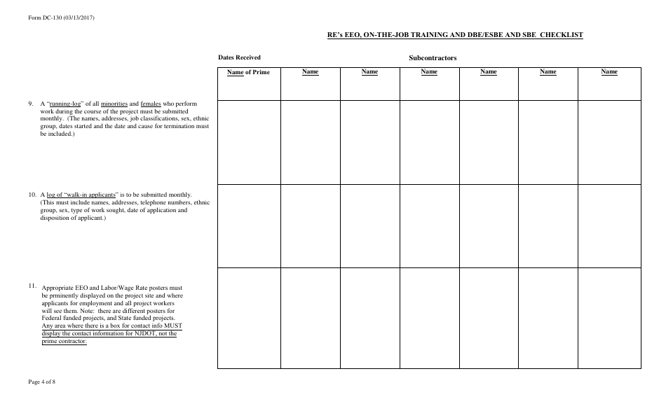 Form DC-130 Res EEO, on-The-Job Training and Dbe / Esbe and Sbe Checklist - New Jersey, Page 4