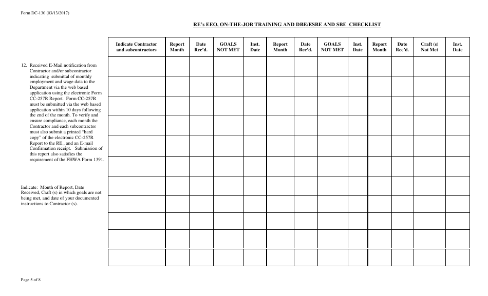 Form DC-130 Res EEO, on-The-Job Training and Dbe / Esbe and Sbe Checklist - New Jersey, Page 5