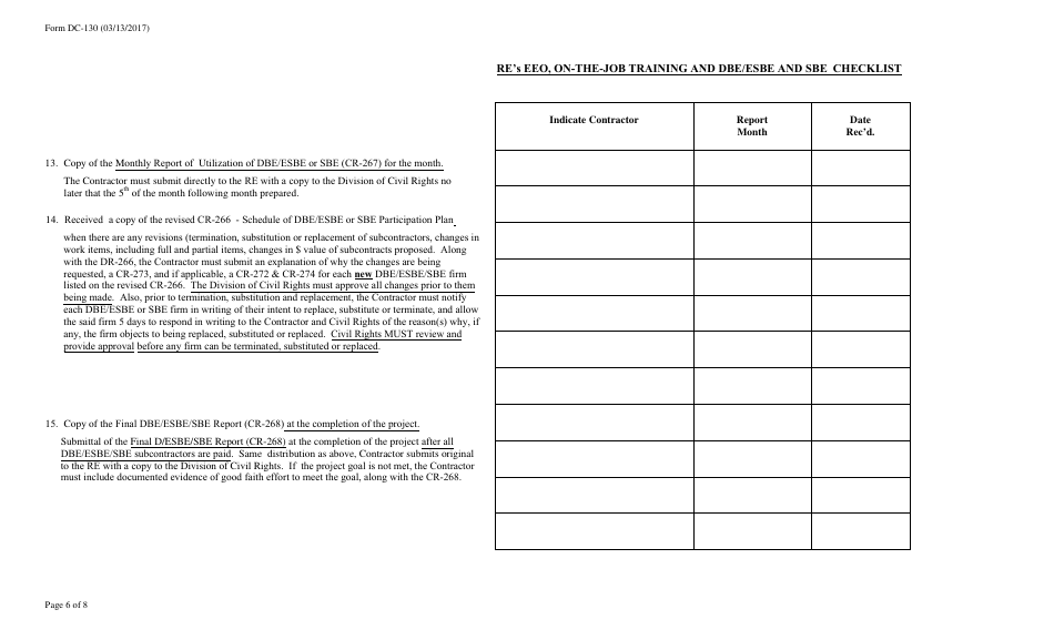 Form DC-130 Res EEO, on-The-Job Training and Dbe / Esbe and Sbe Checklist - New Jersey, Page 6
