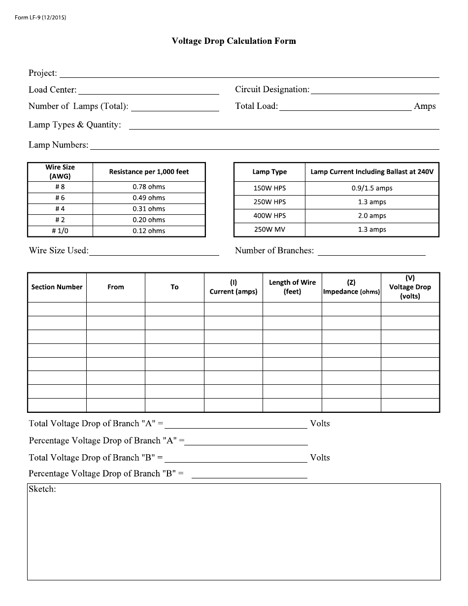 Form LF-9 Voltage Drop Calculation Form - New Jersey, Page 1