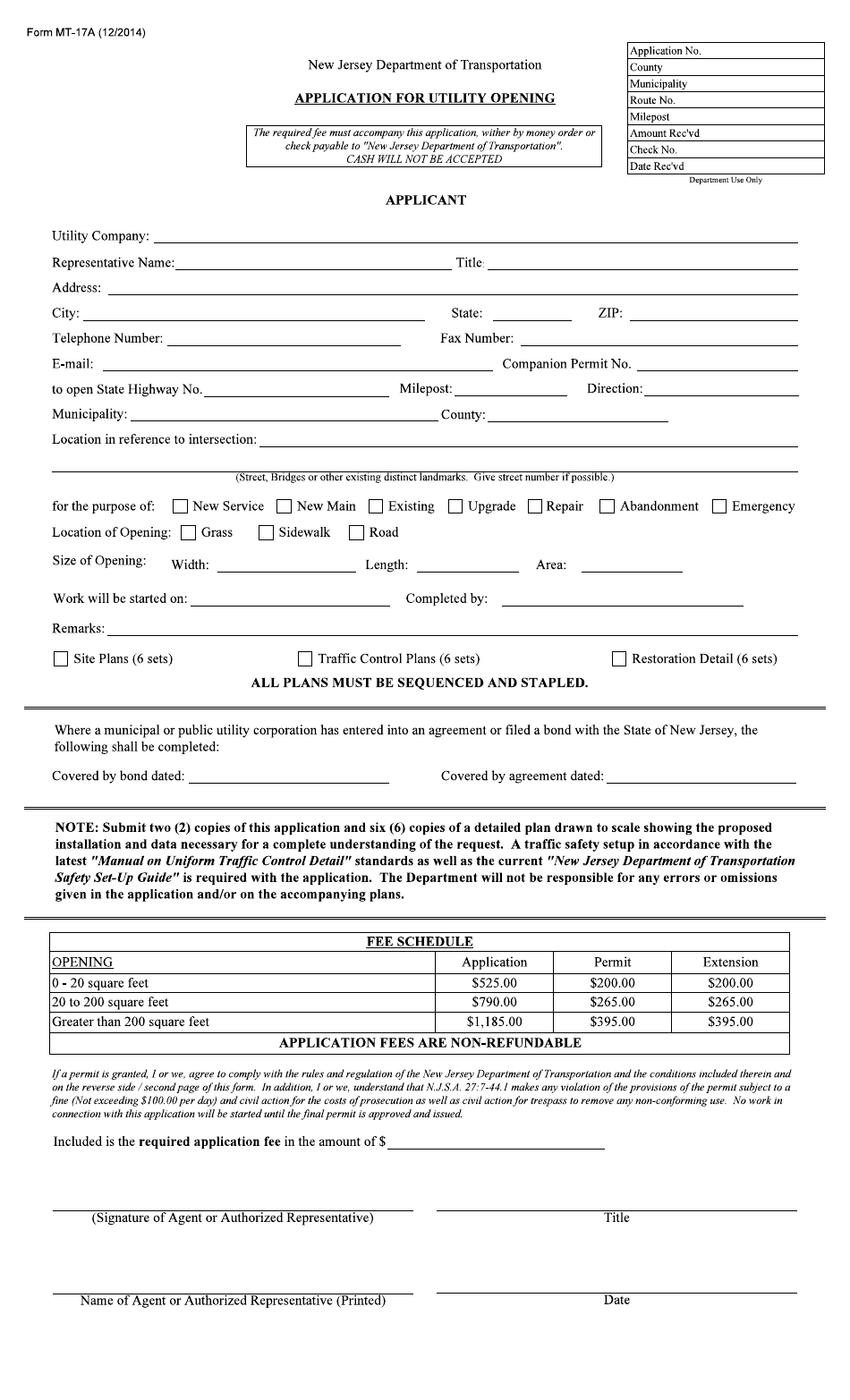 Form MT-17A Application for Utility Opening - New Jersey, Page 1