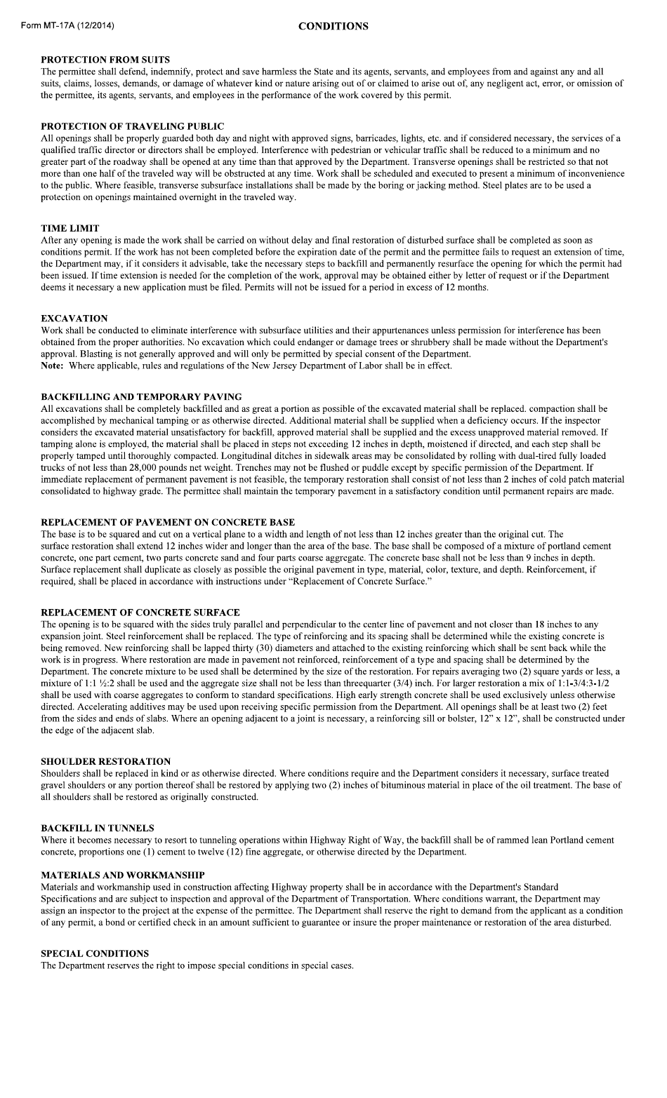 Form MT-17A Application for Utility Opening - New Jersey, Page 2